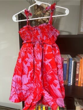 Girls Red and Pink Floral Romper - Smocked Bodice